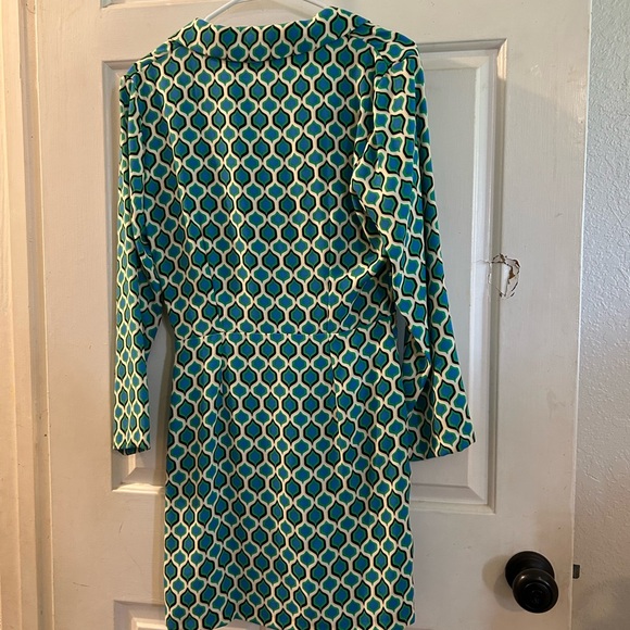 Zara Teal, Turquoise and White Geometric Long-Sleeve Wrap Dress - Picture 3 of 3